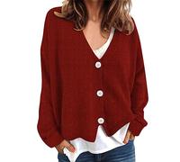 Femmes Automne et Hiver Simple décontracté Confortable Couleur Unie Pull tricoté Cardigan Bouton à Manches Longues Veste Courte Plaid Polaire Pull (Red-A, XXL)