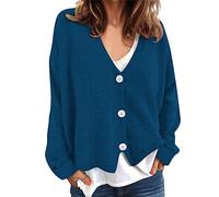 Femmes Automne et Hiver Simple décontracté Confortable Couleur Unie Pull tricoté Cardigan Bouton à Manches Longues Veste Courte Plaid Polaire Pull (Blue-A, XXL)