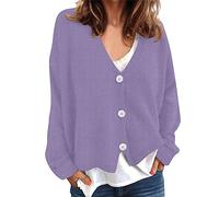 Femmes Automne et Hiver Simple décontracté Confortable Couleur Unie Pull tricoté Cardigan Bouton à Manches Longues Veste Courte Plaid Polaire Pull (Purple-A, L)