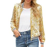 Femmes Automne Hiver Col V Fermeture Éclair Patchwork Sequins Manches Longues Veste Nylon Trench Coat Femmes, doré, XL