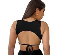 Femmes Backless Crop Top sans Manches Racer Back Crew Neck T Shirt Solid Casual Tees for Club Going Out Party