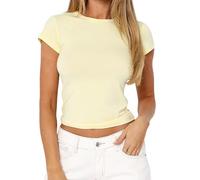 Femmes Basic Slim Fit T-Shirt Top Short Sleeve Y2K Tops TikTok Influence Crop Top Club Party Streetwear(Light Yellow-2, M)