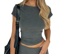 Femmes Basic Slim Fit T-Shirt Top Short Sleeve Y2K Tops TikTok Influence Crop Top Club Party Streetwear(Dark Grey-2, L)