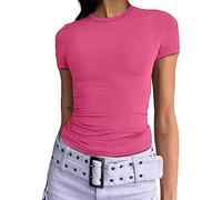 Femmes Basic Slim Fit T-Shirt Top Short Sleeve Y2K Tops TikTok Influence Crop Top Club Party Streetwear(Pink-1, XL)