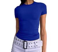 Femmes Basic Slim Fit T-Shirt Top Short Sleeve Y2K Tops TikTok Influence Crop Top Club Party Streetwear(Blue-1, XS)