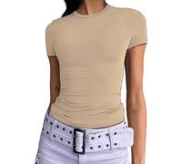 Femmes Basic Slim Fit T-Shirt Top Short Sleeve Y2K Tops TikTok Influence Crop Top Club Party Streetwear(Apricot-1, XS)