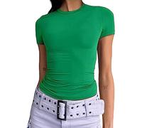 Femmes Basic Slim Fit T-Shirt Top Short Sleeve Y2K Tops TikTok Influence Crop Top Club Party Streetwear(Green-12, XL)