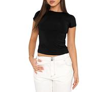 Femmes Basic Slim Fit T-Shirt Top Short Sleeve Y2K Tops TikTok Influence Crop Top Club Party Streetwear(Black-1, XS)