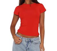 Femmes Basic Slim Fit T-Shirt Top Short Sleeve Y2K Tops TikTok Influence Crop Top Club Party Streetwear(Red-2, L)