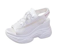 Femmes Baskets Sandales de Sport à Lacets en Tissu pour Femmes Été Compensées Plateforme Bout Ouvert (White, 40)