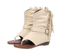Femmes Beige Faux Suede Mi-mollet Sandale Frange Boucle String Open Toe Wedge Bottes D'été, beige, 36 EU
