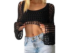 Femmes Bikinis Pullover Crop Top Hollow-Out Crochet Manches Longues Mesh Beachwear Down Sleep Maillots de bain, Noir , S
