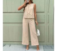 Femmes Blouse texturée perforée kaki ample à col rond et manches plissées sans manches et pantalon large jambe évasée. Tenue élégante, convient pour le port quotidien, les vacances, le printemps/été L