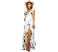 Femmes Bohème Longue Maxi Robe de Plage Robes Bustier Été Floral Imprimé 3/4 Manche Robe Col Badeau Taille Grande (Blanc-1, XL)