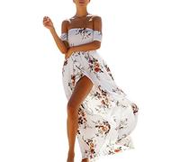 Femmes Bohème Longue Maxi Robe de Plage Robes Bustier été Floral Imprimé 3/4 Manche Robe Col Badeau Taille Grande (082-blanc, L)