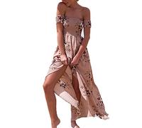 Femmes Bohème Longue Maxi Robe de Plage Robes Bustier été Floral Imprimé 3/4 Manche Robe Col Badeau Taille Grande (082-rose, S)