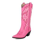 Femmes Bottes Cowgirl Brodées Occidental Genou Haut Cuir Bout Pointu Talon Bloc pour Aller Concert,Rose,38 EU
