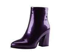 Femmes Bottines grossiers Hautes À Talons Cuir Verni Bottes Femelles loisirs Tige large Couleur unie Femme Botte Fashion Cowboy Confortable Souple Elégantes Chaudes Glossy