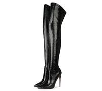 Femmes Bout Pointu Talons Aiguilles Bottes Noir sur Les Bottes au Genou Automne Hiver sans Lacet Bottes Longues Chaussures Grande Taille 34-45,Noir,41 EU