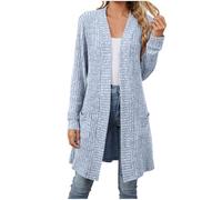 Femmes Cardigan Mi-Long Uni Manches Longues en Tricot Gilet Long Femme avec Poches Léger Devant Ouvert Elegant Décontracté Printemps Automne Veste Ample Mode Manteau Tricot Chaud Coupe Ajustée