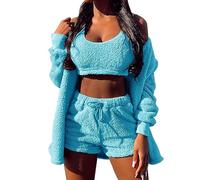 Femmes Casual 3 Pièces Ensemble Fluffy Plush Pyjama À Manches Longues Velours À Capuche Veste Manteau + Short + Crop Top Mode Hiver Garder Au Chaud Survêtement Mode 3PCS
