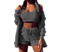 Femmes Casual 3 Pièces Ensemble Fluffy Plush Pyjama À Manches Longues Velours À Capuche Veste Manteau + Short + Crop Top Mode Hiver Garder Au Chaud Survêtement Mode 3PCS