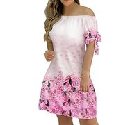 Femmes Casual Fashion Robes Été Épaules Dénudées Imprimé Sexy Élégante Robe Rayée Dentelle Up Manches Courtes Mini Robe Bleu Clair Femmes Festive, Rose, M