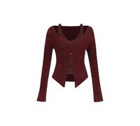 Femmes Casual Faux Deux Pièces Slim Col Suspendu Col V Manches Longues Tricot Pull Strap Top, violet, M