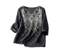 Femmes Casual Solide Brodé Top Coton Lin Tissu Peut être Porté comme Chemisier Manches Longues ou T-shirt à Manches Courtes pour l'été, Noir-b, XL