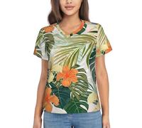 Femmes Casual Végétation Feuilles avec Hibiscus Fleurs Imprimé Col V T-Shirt Manches Courtes Été Tendance Tops, noir, XX-Large