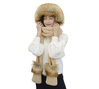 Femmes Chapka ensemble Tour cou et Moufle Bonnet Capuche 3 en 1 Écharpe Châle à Chapeau Echarpe Chale Earflap Gants Velours Chaud Femmes