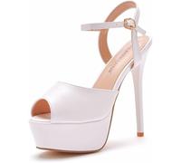 Femmes Chaussures De Mariée Peep Toe Hollow Out Chaussures Sandales Pompes Sexy 4.5cm Plate-Forme 14cm Mariage Talons Hauts Fête Été, White, 6 UK