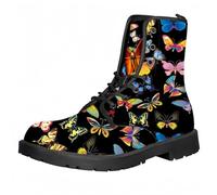 Femmes Chelsea bottes à cheville avec chien papillon fleurs et impression florale élégante gothique combat bottes mode lace-up talon gros plateforme bottes en cuir pour les femmes Halloween fête