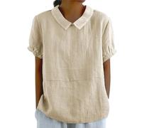 Femmes Chemise Décontractée en Lin Confortable Revers Surdimensionné Blouse Élégante Été Respirant Classique Tunique avec Boutons Travail Mode Top Vacances Vintage Couleur Unie Bureau T-shirt, beige