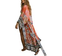 Femmes Chinois Motif Imprimé Poncho Tendance De La Mode Plage Vacances Bikini Cover Up Élégant Casual Lâche Longue Maison Robe De Couchage (Orange,Une Taille)