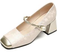 Femmes Chunky Heel Cheville Sangle Chaussures Habillées pour Talons Bas Fermer Carré Escarpins Seul Brocart Tissu Bloc 6 Cm, Apricot, 42 EU