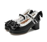 Femmes Chunky Heel Mary Jane Lolita Platform Shoes Sweet Bow Bout Rond Bloc Talon Pompes Mode Dentelle Bride à la Cheville Chaussures habillées à Talons Bas,Noir,43