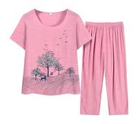 Femmes col d'été à Manches Courtes Impression lâche Coton et Lin d'âge Moyen et âgés Deux pièces (4XL)