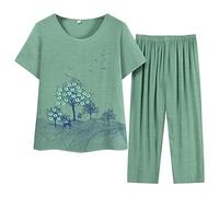 Femmes col d'été à Manches Courtes Impression lâche Coton et Lin d'âge Moyen et âgés Deux pièces (Green XXL)