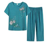 Femmes col d'été à Manches Courtes Impression lâche Coton et Lin d'âge Moyen et âgés Deux pièces Pyjama Coton