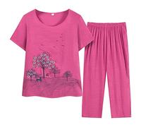 Femmes col d'été à Manches Courtes Impression lâche Coton et Lin d'âge Moyen et âgés Deux pièces (Red XXL)