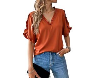 Femmes Col V Chemise Pétale Haut Femmes Épissage Froncé Couleur Unie Blouse Perdue Coupe Décontractée Pour Les Beise Manches Courtes, Orange foncé., M