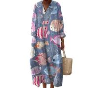 Femmes Col V Plage Vintage Robe Longue Sardines Océan Poisson Motif Lâche Midi Jupes Bord de mer Vacances Porter Robes