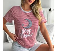 Femmes Coton 2 Pièces Ensemble Pyjama Confort Comprenant Chemise à Manches Courtes avec Motif Rayé Lune du Matin Contrastée et Shorts de Couleur Unie L,M,S,XLLettresTissu tricoté