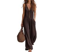 Femmes coton lin ample jambe large combinaison barboteuse jambe large pantalons longs barboteuses décontracté col en V sans manches Spaghetti sangle(Brun,M)