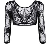 Femmes Couvre-épaules en Dentelle, Haut Avant Ouvert avec Col en V Couvre-épaules Transparente avec Fermeture à Oeillet, Floral à Manches Longues pour Robes, Noir , L