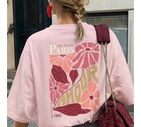 Femmes Crème Ample "Amoureux de Paris" T-shirt à col rond à manches courtes avec imprimé floral, coupe ample décontractée, style parisien, romantique, promenade en ville, soirée, saison des cerisiers 