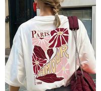 Femmes Crème Ample "Paris Love" T-shirt à col rond à manches courtes avec imprimé floral, coupe ample décontractée, style parisien, romantique, promenade en ville, soirée, saison des cerisiers en fleu