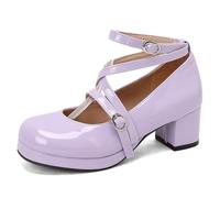 Femmes Croisée Bride De Cheville Mary Janes avec Boucle Bout Rond Cuir Verni Chaussures Lolita Talon Bloc Plate-Forme Chaussures De Robe,Violet,35.5 EU