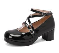 Femmes Croisée Bride De Cheville Mary Janes avec Boucle Bout Rond Cuir Verni Chaussures Lolita Talon Bloc Plate-Forme Chaussures De Robe,Noir,39 EU